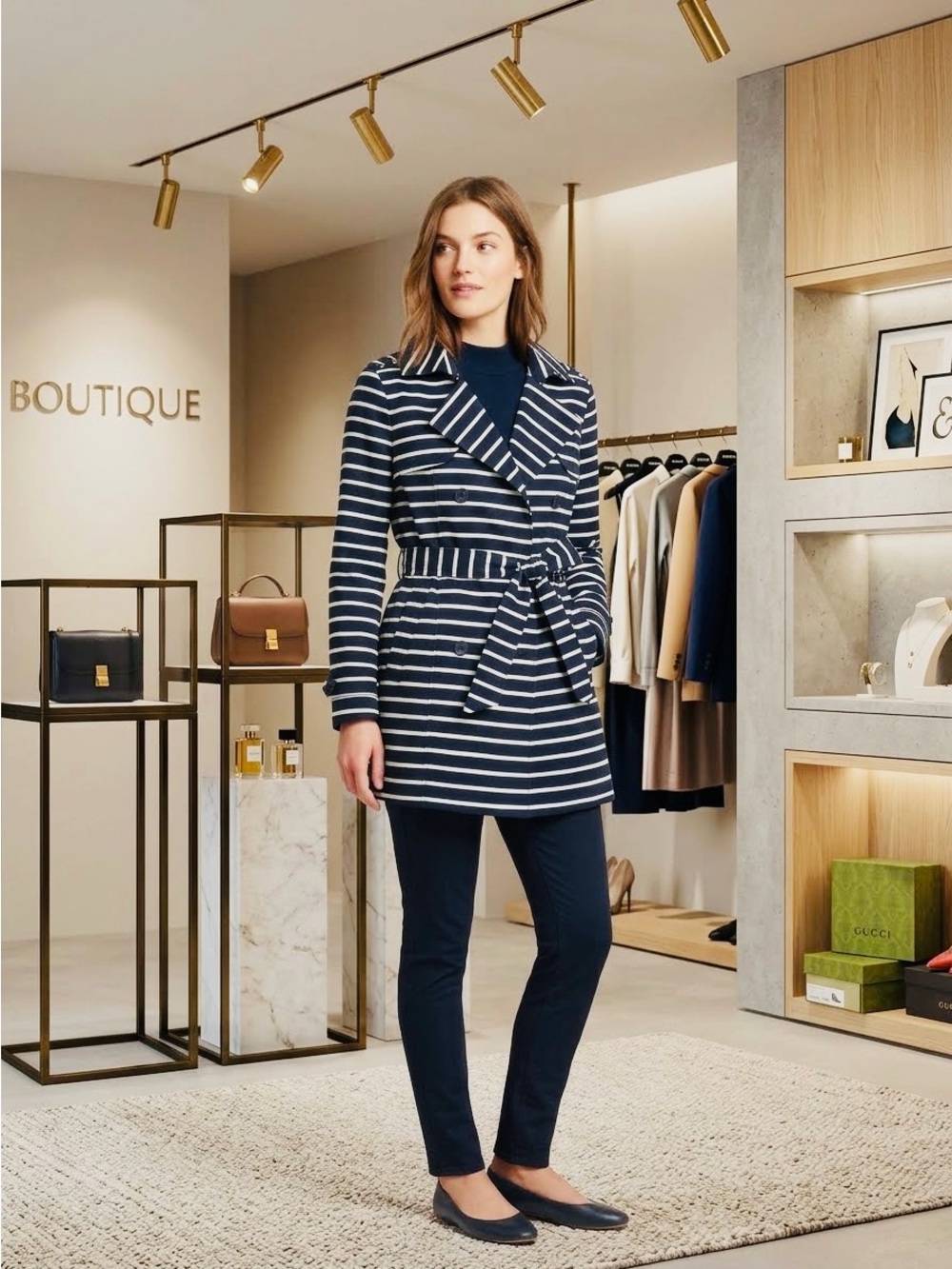 GAP Navy and White Striped Tie-Belt Cropped Coat
